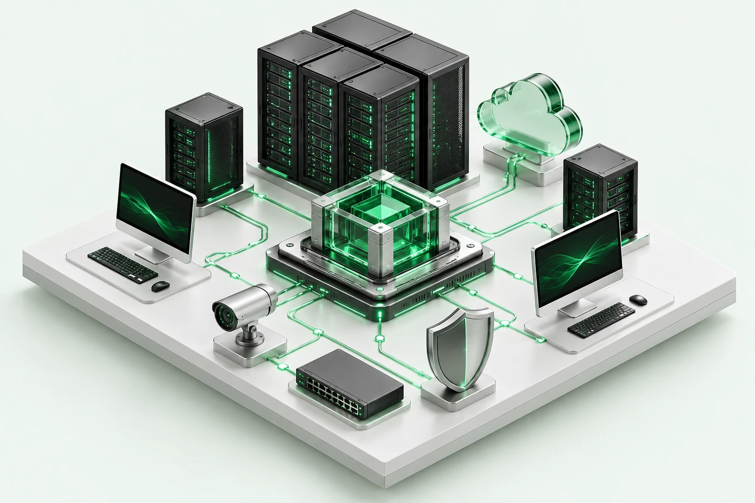 An interconnected IT ecosystem with server racks, computing devices, cloud, network and security infrastructure